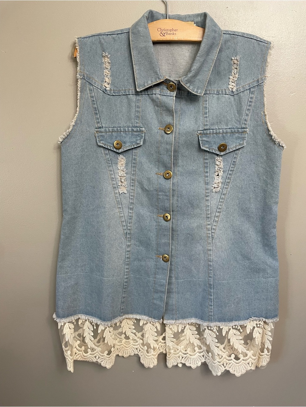 Grace & Emma medium large denim button up vest lace trim western bridal